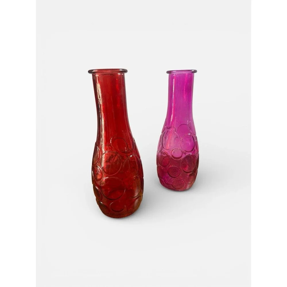Vintage DPS Circles Vases Red Pink Dots Pair Set 8.5in Retro Mid Century Glass
